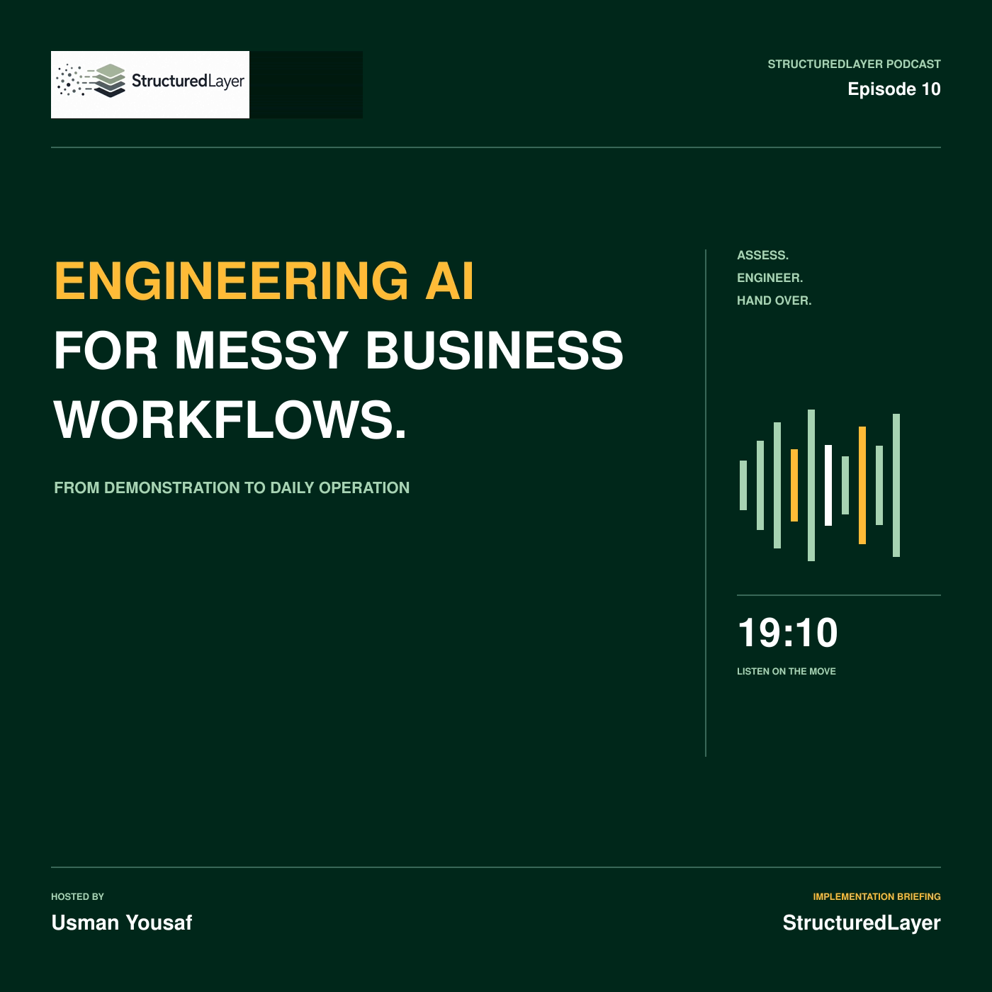 StructuredLayer Podcast cover for Engineering AI for Messy Business Workflows, showing Episode 10, the From Demonstration to Daily Operation theme, waveform, 19:10 duration, and host Usman Yousaf on the established dark green series layout.