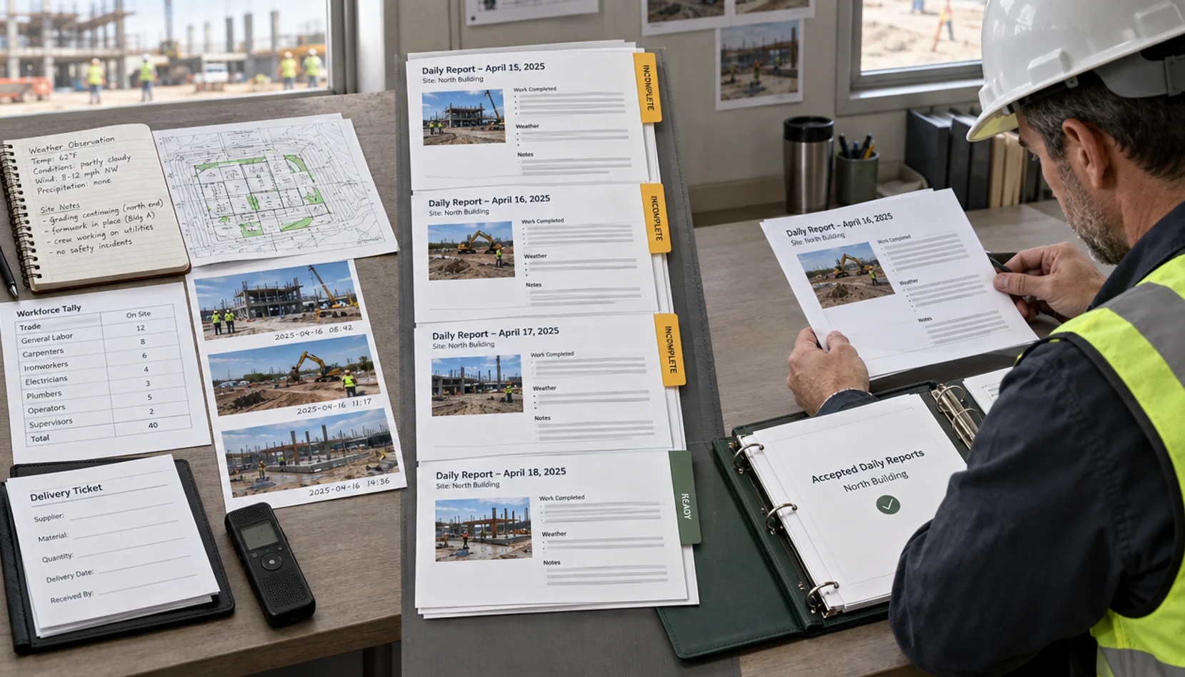 Original editorial illustration of dated site evidence and photos moving through a candidate daily report to superintendent review and an accepted project record.