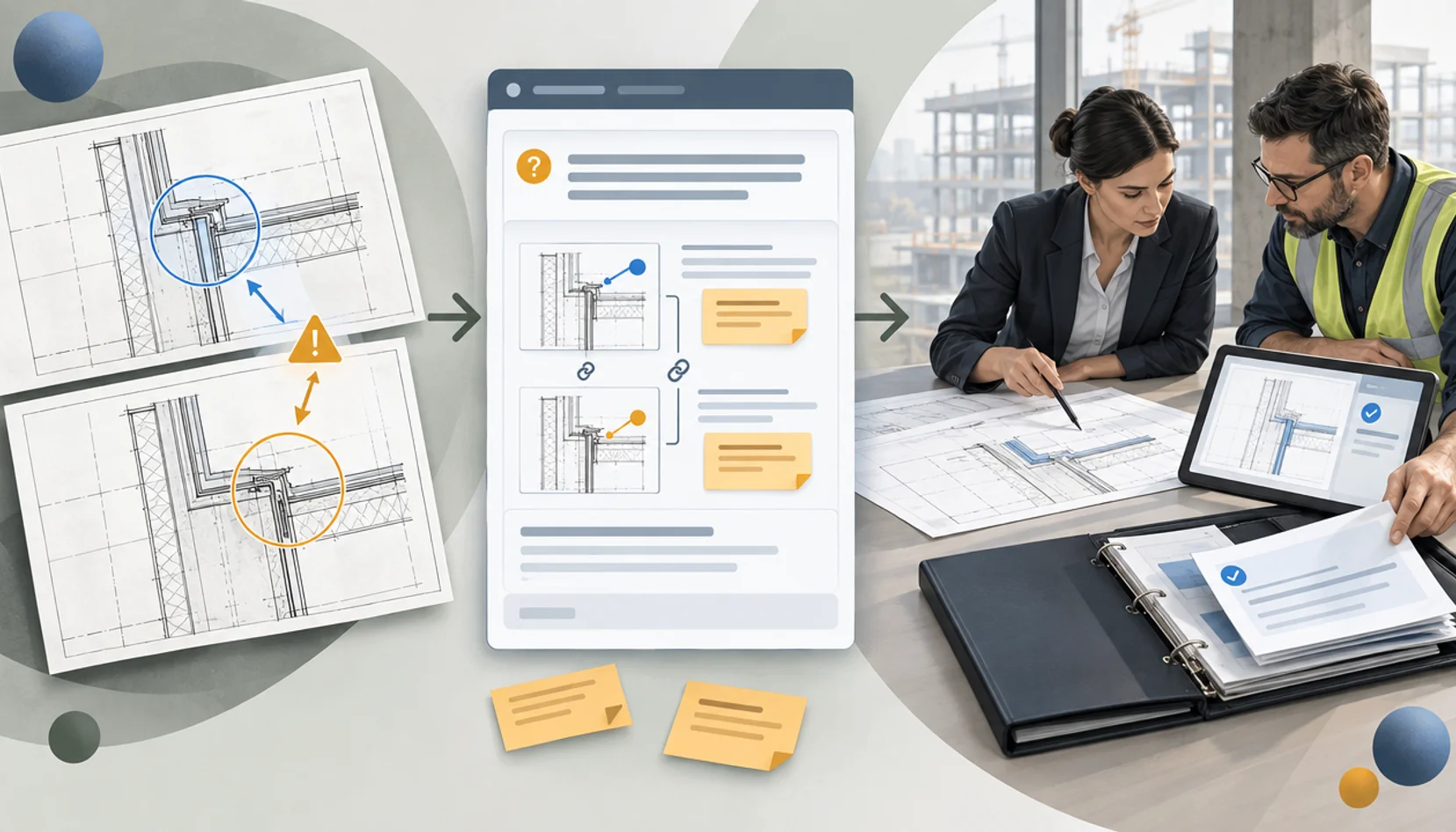 Original editorial illustration of conflicting construction drawings becoming a candidate RFI question before qualified review and official response.
