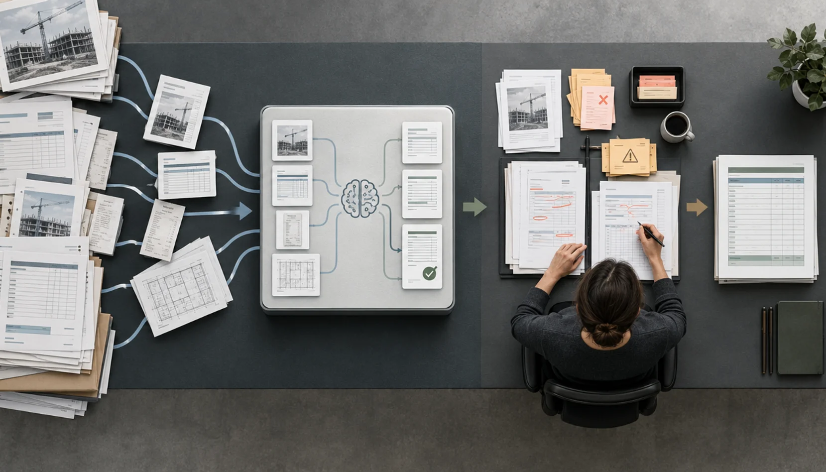 Original editorial illustration of AI-prepared construction records passing through human review and exception handling.