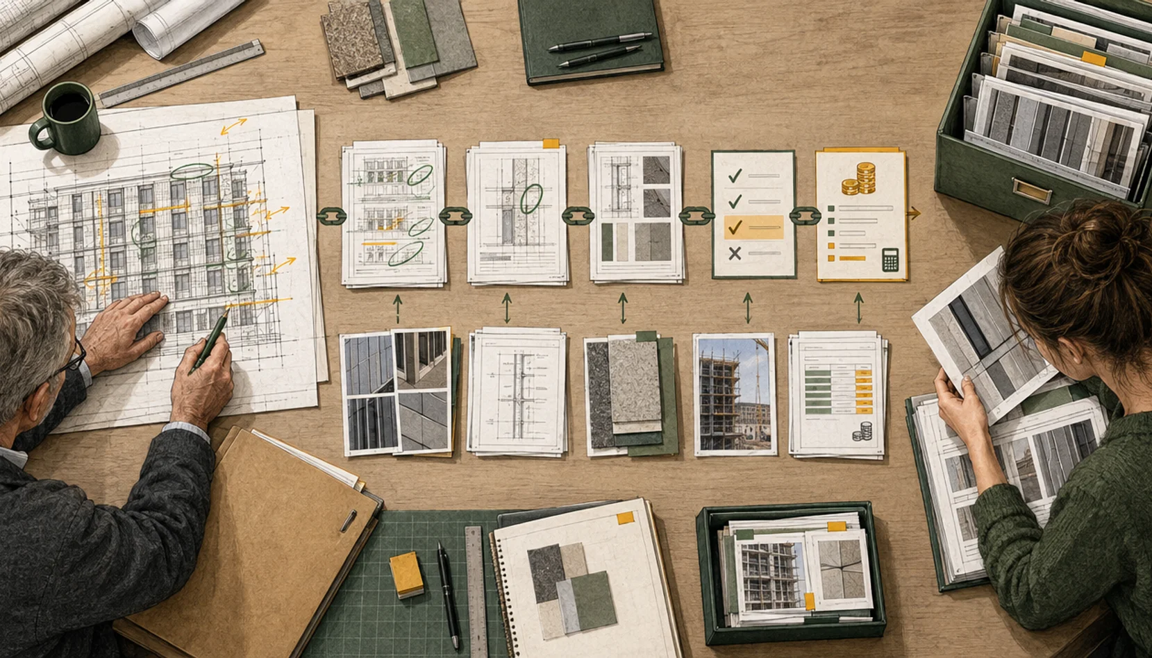 Original editorial illustration of construction knowledge passing from an experienced estimator to a source-linked archive for a newer colleague.